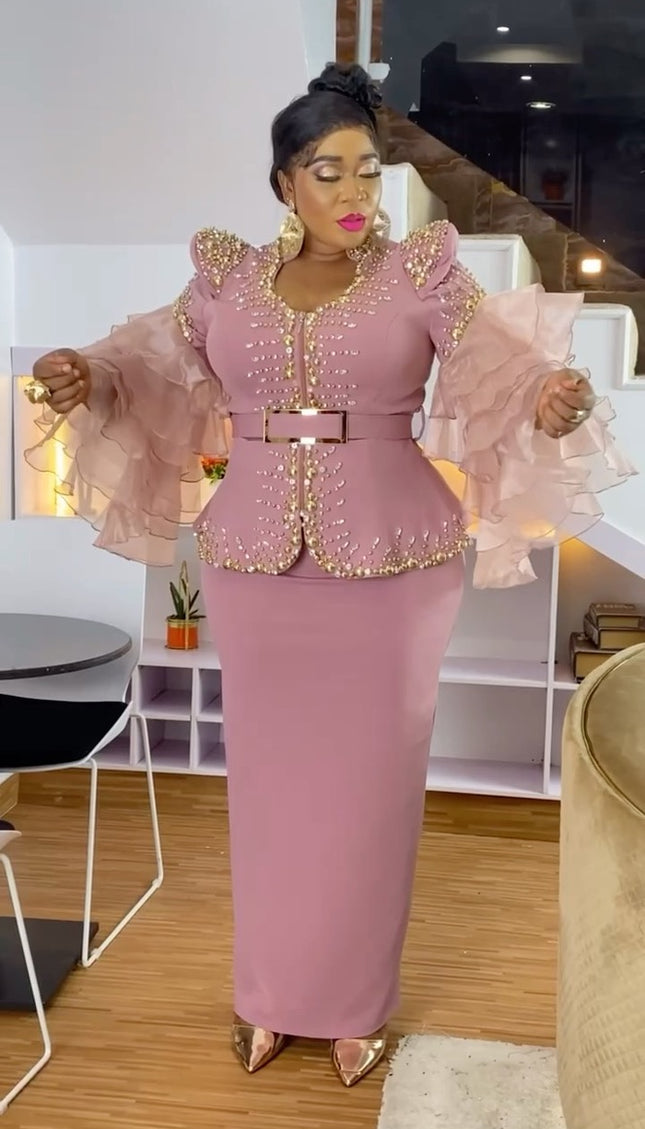 Dramatic Sleeves Embellished Blouse and Skirt