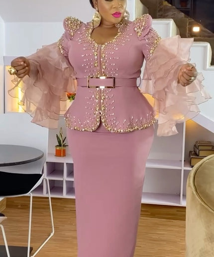 Dramatic Sleeves Embellished Blouse and Skirt