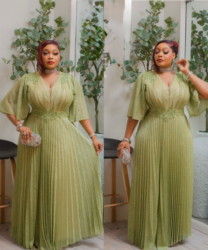 Black Flare Sleeve Applique Embellished Pleated Flowy Maxi Dress for Cocktail Dinner Party Mother of The Bride