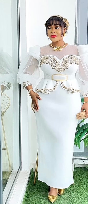 Ruffle Sleeve Embellished Peplum White Maxi Dress