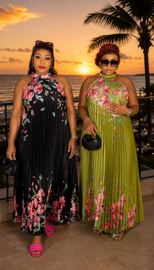 Elegant Summer Wedding Guest Outfit Black Floral Halter Satin Pleated Twirl A-Line Maxi Dress for Birthday Dinner Cocktail Party
