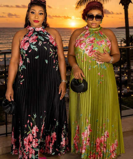 Elegant Summer Wedding Guest Outfit Black Floral Halter Satin Pleated Twirl A-Line Maxi Dress for Birthday Dinner Cocktail Party