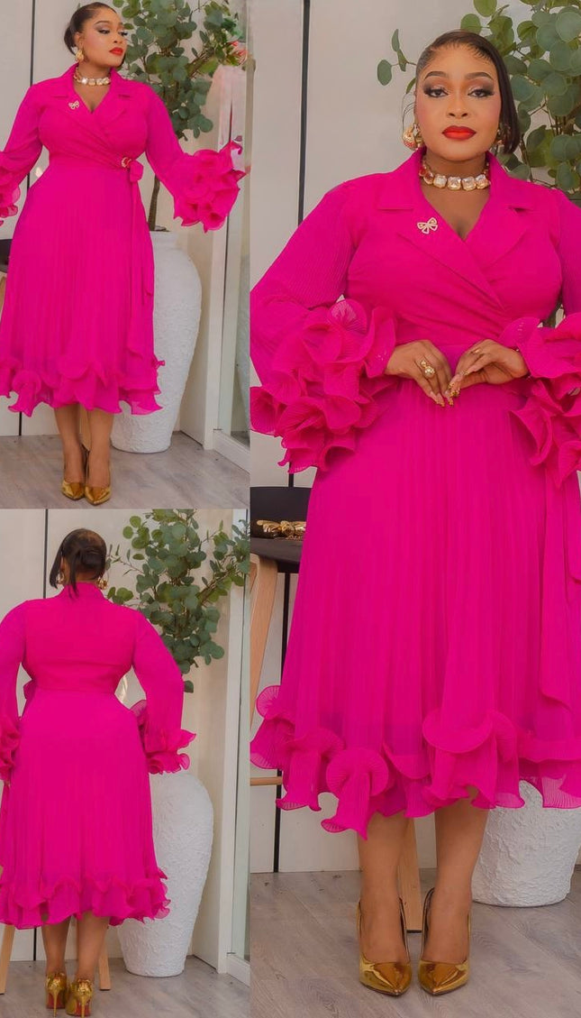 Dramatic Ruffle Sleeve Pleated Twirl Skater Midi Dress: White Summer Wedding Guest Outfit Engagement Ceremony Mother of The Bride