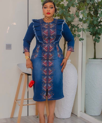 Sparkly Rhinestone-Embellished Blue Denim Dress - Date Night Birthday Party Dinner Photoshoot Ladies Going Out