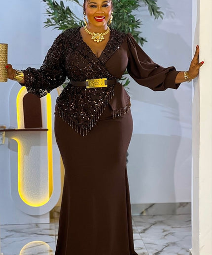 Fabulous Burgundy Sequin Beaded Peplum Mermaid Dress for Wedding Birthday Gala Church Anniversary Mother of The Bride Outfit