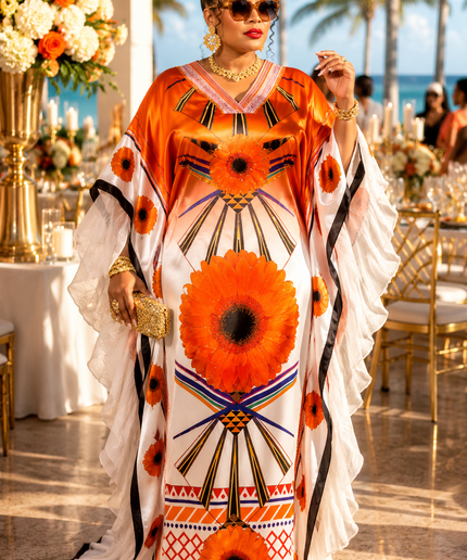 Orange Rhinestone Ruffle Sleeve Kaftan Maxi Dress Bubu for Wedding Cocktail Reception Birthday Party Dinner Engagement Ceremony