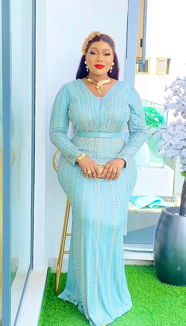 Metallic Embellished Floor Length Evening Gown | Celebrant Wedding Guest Birthday Party Mother of The Bride Gala Pageant