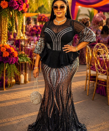"The Statement Maker" Sequin Peplum Maxi Dress Long Formal Wedding Guest Evening Gown