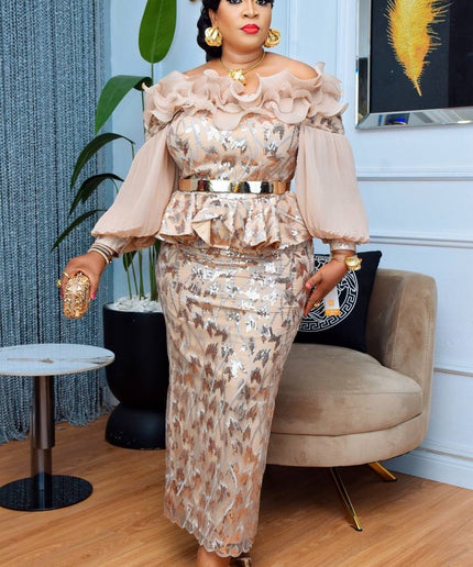 Off-The-Shoulder Ruffle Sequin Dress | Wedding Guest Anniversary Celebration Birthday Party