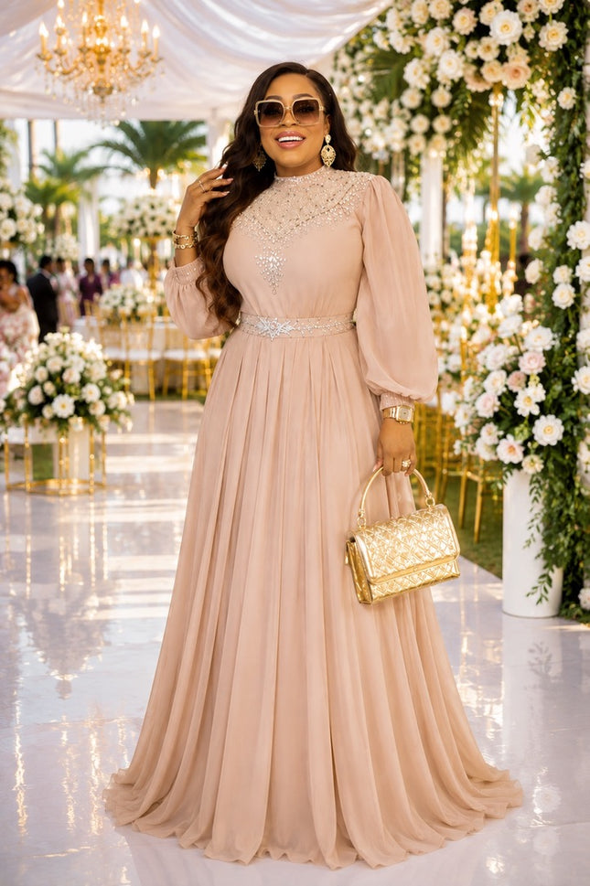 Taupe Rhinestone Embellished Maxi Dress for Wedding Cocktail Reception Birthday Turkish Formal Evening Gown