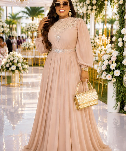 Taupe Rhinestone Embellished Maxi Dress for Wedding Cocktail Reception Birthday Turkish Formal Evening Gown