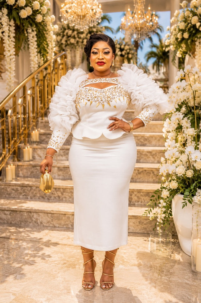 Dramatic White Ruffle Embellished Peplum Party Dress for Party Wedding Guest Cocktail Reception Mother of the Bride Church Gala Formal Evening Wear