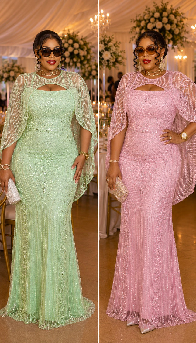 Brown Off-The-Shoulder Bead-Embellished Mermaid Dress with Matching Cape for Party Cocktail Wedding Guest Birthday Celebrant Mother of The Bride Gala