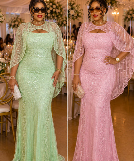 Brown Beaded Embellished Off-The-Shoulder Cape Mermaid Dress for Party Cocktail Wedding Guest Birthday Photoshoot Mother of The Bride Gala