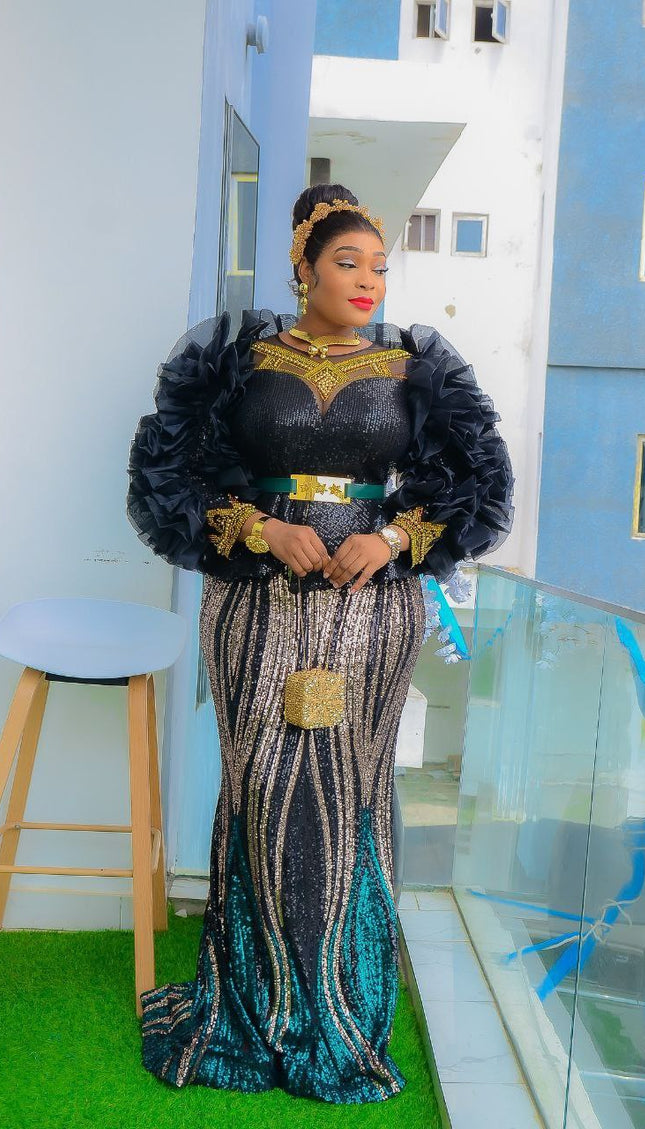 Dramatic Sleeve Ruffle Sequin Dress | Wedding Party Guest Birthday Gala Graduation Mother of The Bride