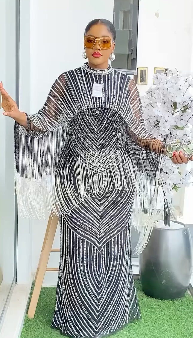Gold Fringe Crystal Beaded Maxi Dress | Wedding Ceremony Bridal Party Graduation Gala