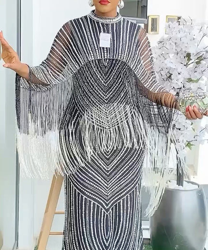 Fringe Crystal Beaded Maxi Dress | Wedding Ceremony Bridal Party Graduation Gala
