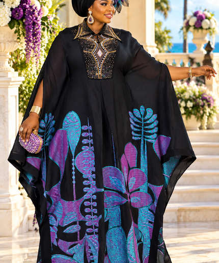 Classy Black Brocade Rhinestone Kaftan Dress Rustic Brown African Bubu Wedding Guest Attire Engagement Ceremony Church Anniversary Plus Size