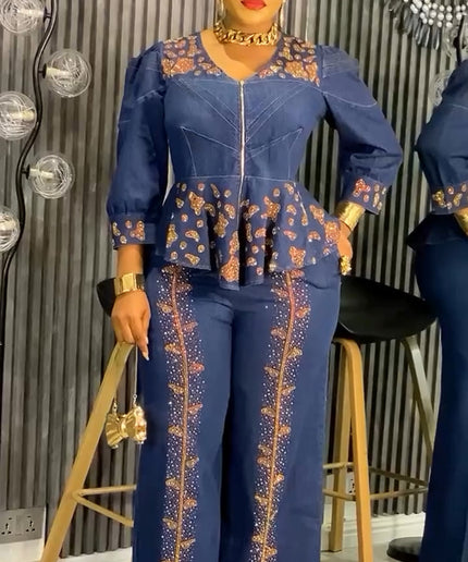 Denim and Diamonds 2 Piece Jeans Matching Peplum Top + Wide Pants Birthday Outfit Curvy Plus Size Party Wear