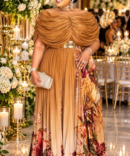 Burgundy Off-The-Shoulder Floral Pleated Maxi Dress for Wedding Guest Mother of The Bride Church Dinner