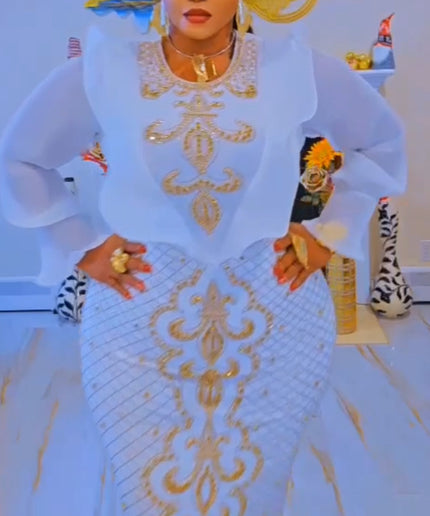 White and Gold Beaded Ruffle Maxi Dress for Engagement Party Wedding Guest Birthday Photoshoot