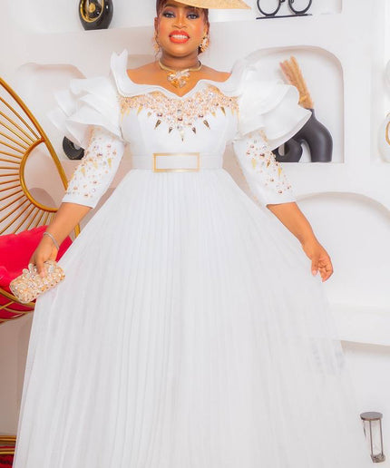 Ruffle Sleeve Embellished Pleated A-line Gown