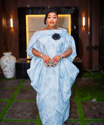Green Off-The-Shoulder Brocade Kaftan Dress with Detachable 3D Flower