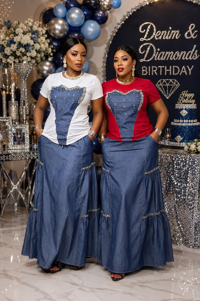 Classy Blue Denim & Diamonds Embellished 2-Piece Matching Rhinestone Top & Maxi Skirt Set, Birthday Party Dinner Photoshoot Concert Casual Wear