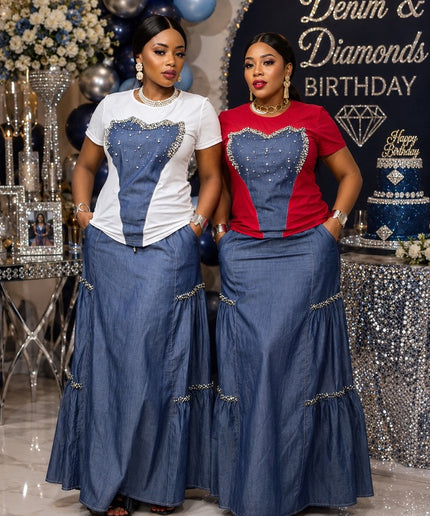 Classy Blue Denim & Diamonds Embellished 2-Piece Matching Rhinestone Top & Maxi Skirt Set, Birthday Party Dinner Photoshoot Concert Casual Wear