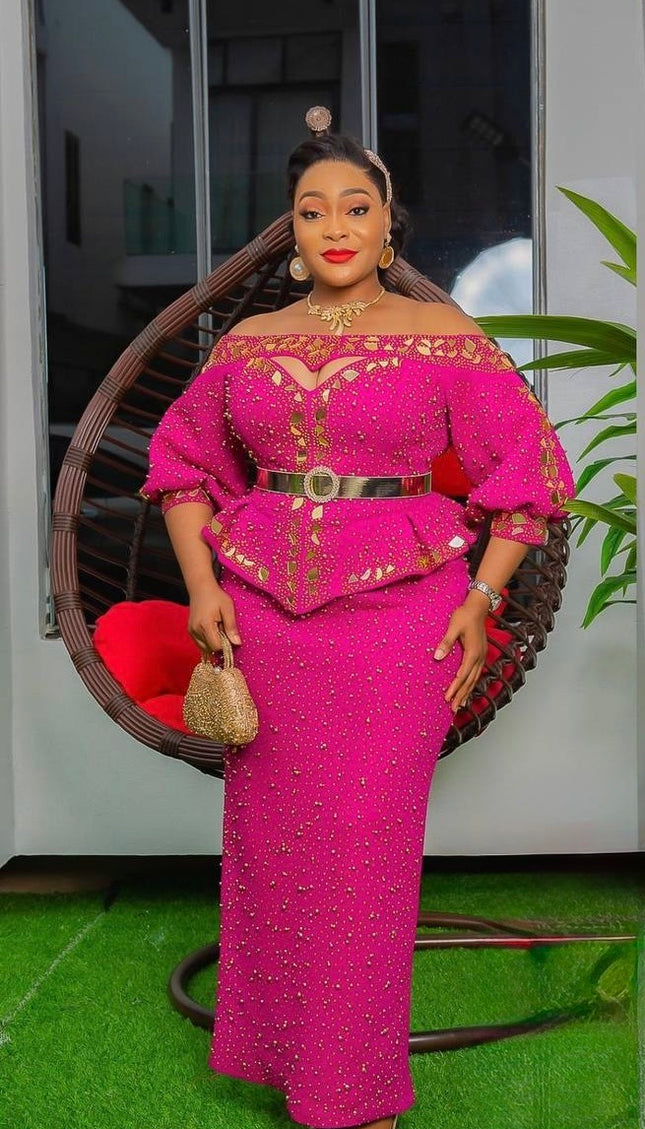 Orange Off-The-Shoulder Embellished Peplum Top & Skirt 2 Piece Set for Wedding Guest Mother of The Bride Birthday Party Gala Cocktail Anniversary