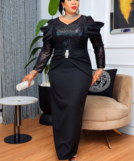 Sequin Pointed Shoulder Maxi Dress | Evening Wear Birthday Party Anniversary Wedding Guest