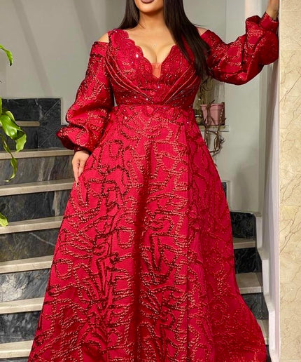 White Metallic Brocade Cold Shoulder Embellished A-Line Gown - Bridal Photoshoot Mother of The Groom or Bride Anniversary Engagement