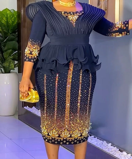 Black Dramatic Ruffle Shoulder Rhinestone-Embellished Peplum Midi Dress: Wedding Guest Cocktail Birthday Dinner