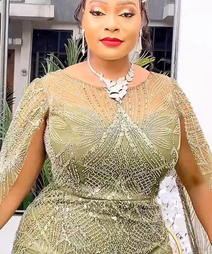Beaded Embellished Cape Sleeve Maxi Dress