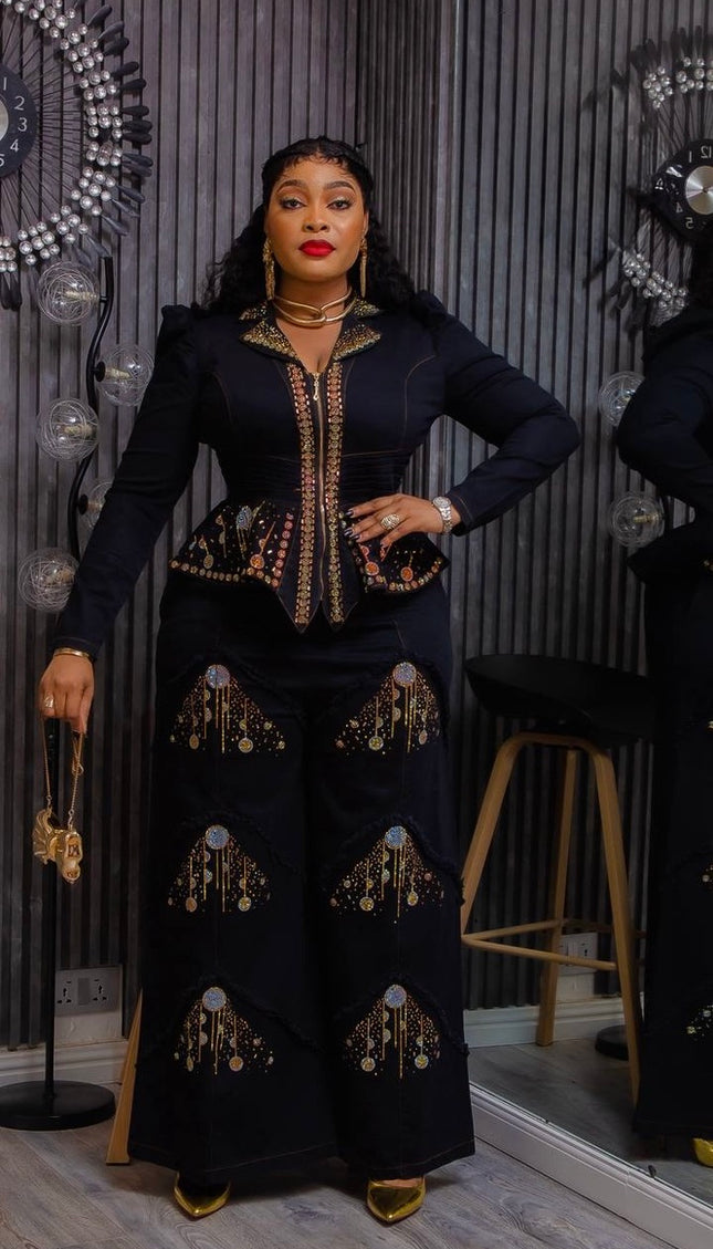 Black Denim & Diamonds 2-Piece Set, Birthday Party Stretch Jeans Outfit Photoshoot Dance Dinner Concert Casual Wear