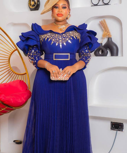 Ruffle Sleeve Embellished Pleated A-line Gown