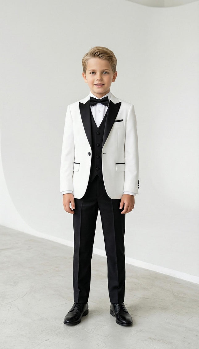 Boys' White Slim Fit Tuxedo Suit, 5-Piece Set: Wedding Ring Bearer Outfit Birthday Photoshoot Black Tie Communion Graduation Formal Special Occasion