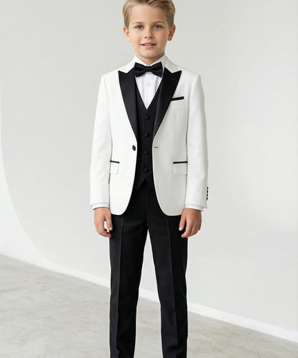 Boys' White Slim Fit Tuxedo Suit, 5-Piece Set: Wedding Ring Bearer Outfit Birthday Photoshoot Black Tie Communion Graduation Formal Special Occasion