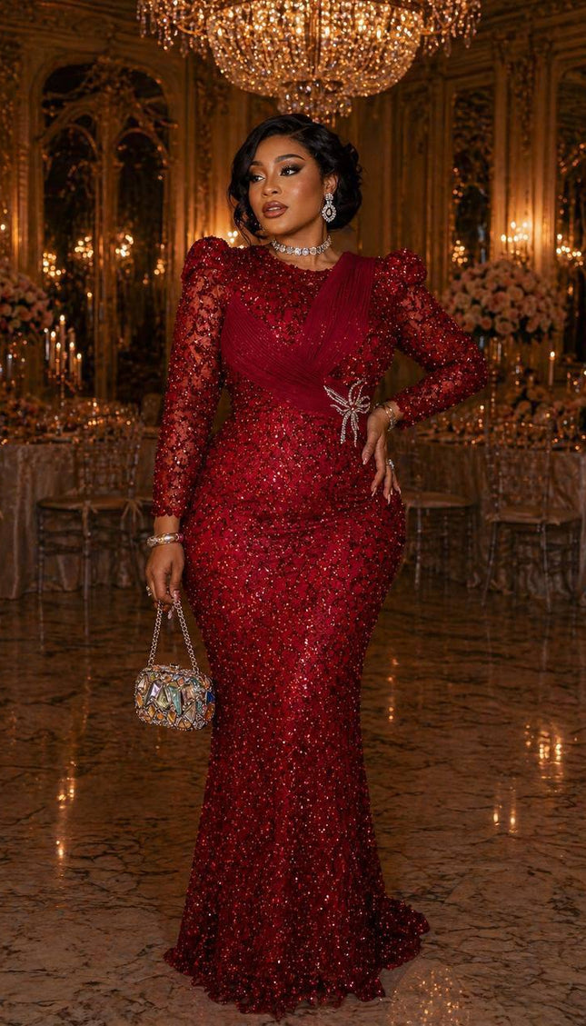 Burgundy Bead-Embellished Structured Mermaid Gown Formal Evening Wear for Mother of The Bride Wedding Guest Dress Birthday Celebrant Party Outfit
