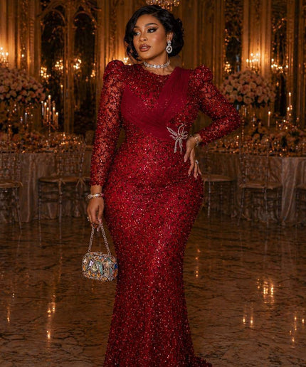 Burgundy Bead-Embellished Structured Mermaid Gown Formal Evening Wear for Mother of The Bride Wedding Guest Dress Birthday Celebrant Party Outfit