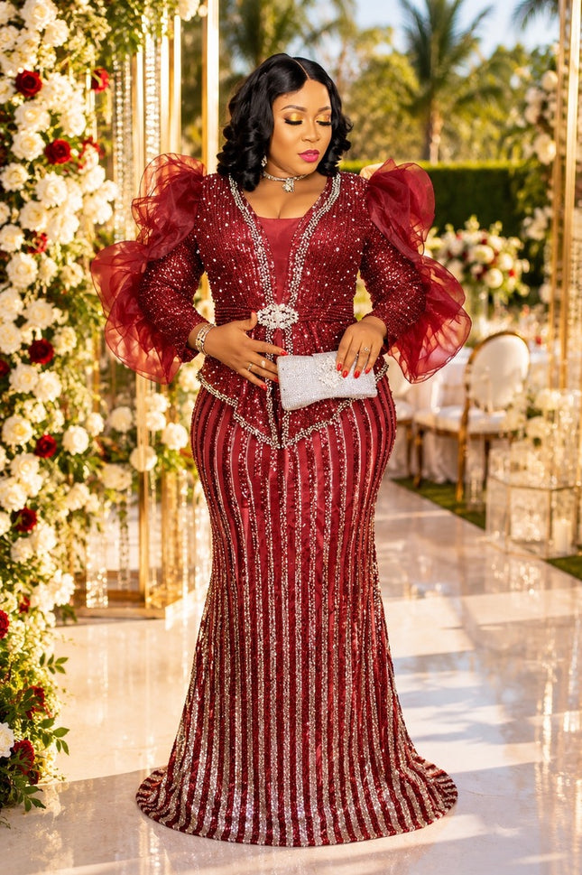 Green Sequin Embellished Ruffle Sleeve Peplum Mermaid Dress for Wedding Guest Mother of The Bride Birthday Party Gala Reception Church Anniversary Engagement Ceremony Plus Size