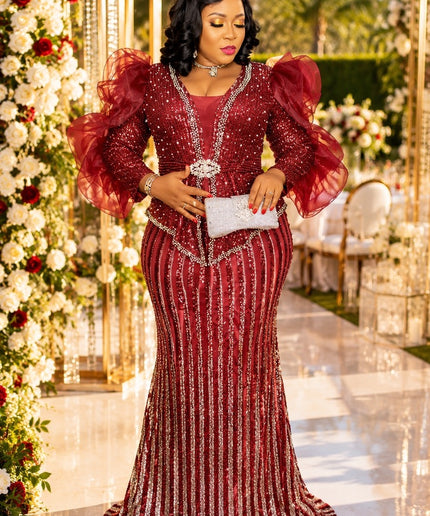 Green Sequin Embellished Ruffle Sleeve Peplum Mermaid Dress for Wedding Guest Mother of The Bride Birthday Party Gala Reception Church Anniversary Engagement Ceremony Plus Size
