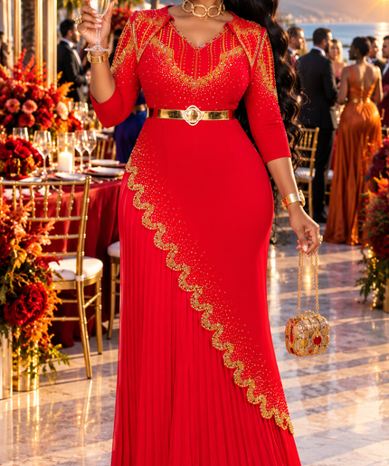 Elegant Burgundy Rhinestone Pleated Stretch Maxi Dress for Wedding Cocktail Birthday Dinner Party Engagement Ceremony