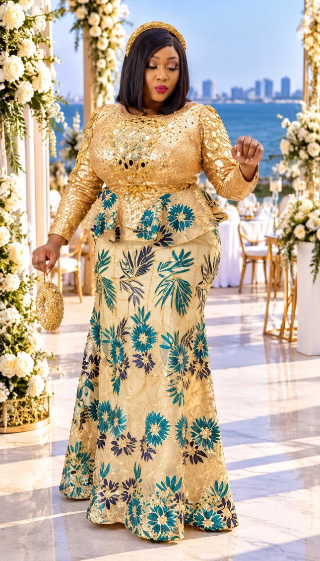 Luxury Gold Sequin Peplum Maxi Dress for Mother of The Bride Wedding Guest Birthday Party Formal Evening Gown Church Anniversary Gala Plus Size