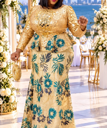 Luxury Gold Sequin Peplum Maxi Dress for Mother of The Bride Wedding Guest Birthday Party Formal Evening Gown Church Anniversary Gala Plus Size
