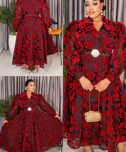 Red Floral Long Sleeve Skater Dress