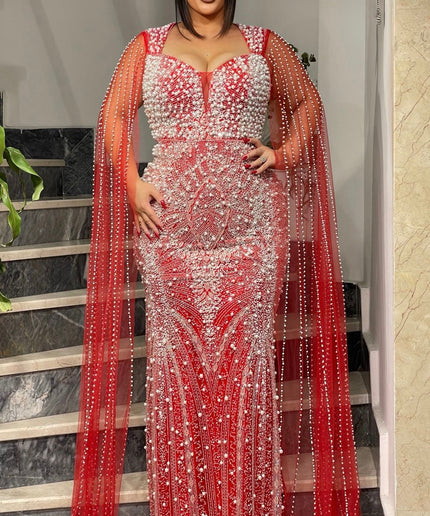 Pink Embellished Cape Sleeve Gown - Mother of The Groom Bridal Reception Anniversary Gala Engagement