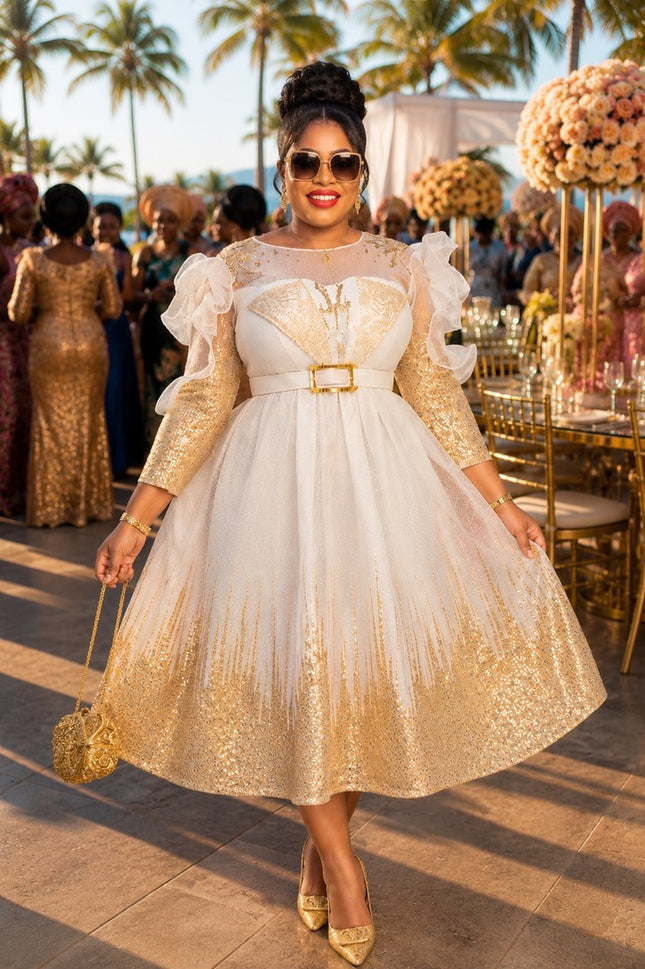 Stunning White & Gold Ruffle Sleeve Twirl Midi Dress for Wedding Guest Mother of The Bride Cocktail Reception