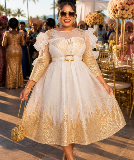 Stunning White & Gold Ruffle Sleeve Twirl Midi Dress for Wedding Guest Mother of The Bride Cocktail Reception
