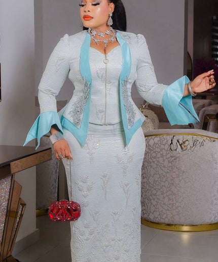 Eye-Catching Yellow Brocade Embellished Skirt Set Split Bell Sleeve Suit for Mother of The Bride Wedding Birthday Party Outfit